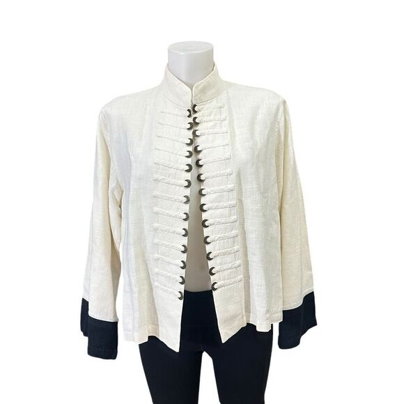 Peacock Ways Cream Black Trim Linen Mandarin Collar Open Blazer Coin sz‎ L VTG - Picture 1 of 10